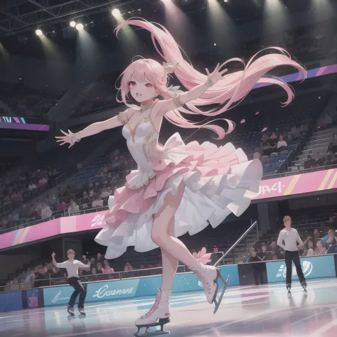 Depict a 20-year-old, stunningly beautiful woman gracefully gliding across the ice in a grand skating arena. She wears an elegant and intricately designed figure skating dress, adorned with shimmering details that reflect the arena lights. Her expression i...