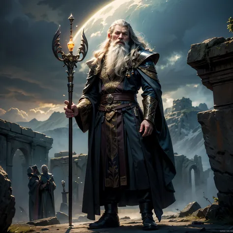 A majestic wizard resembling Merlin and Dumbledore, standing on a vast open plateau under a twilight sky. He wears elegant robes in black and silver-grey, with intricate magical patterns. Holding a tall, glowing staff with crystal top. His long silver hair...