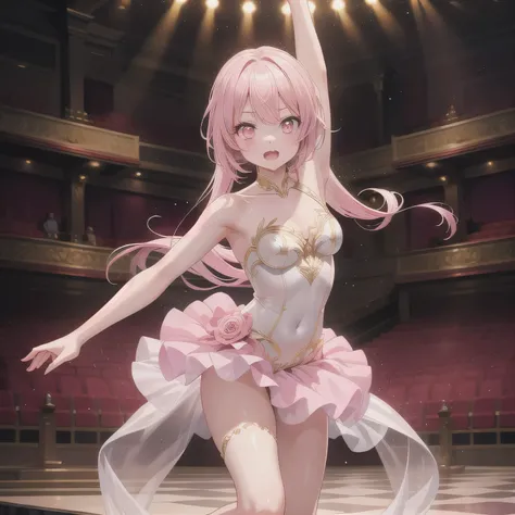 Depict a 20-year-old, exquisitely beautiful ballerina performing on a grand theater stage. She wears a delicate and intricately designed tutu, its soft fabric flowing with every movement. Her posture is impeccable, one leg extended in a perfect arabesque, ...