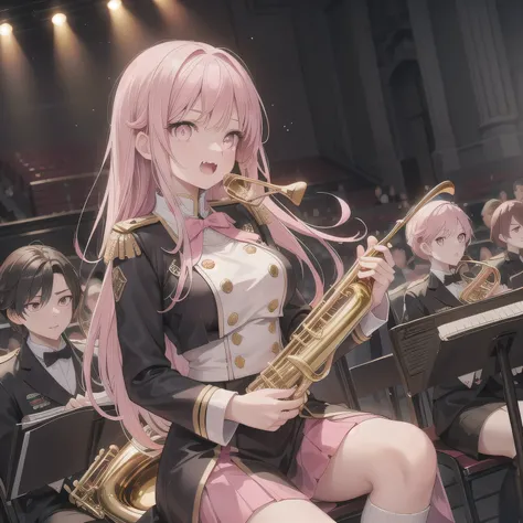 Depict a 20-year-old, dazzlingly beautiful woman playing a brass instrument in a grand concert hall. She wears an elegant yet practical band uniform, designed with intricate gold embroidery. Her posture is poised, fingers positioned with precision, her eye...