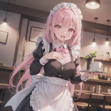 A girl is working as a waitress in a cozy cafe. She's wearing a classic maid outfit. The air feels warm and calm, and it's like you can almost smell the coffee through the picture. Fangs, long hair, (pink eyes:1.5), pink hair.