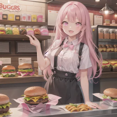 She is a cheerful girl working behind the counter at a cozy burger shop. She is wearing a cute burger shop uniform and smiling warmly at the customers. The background shows a bright and clean fast food counter with menu boards. Fangs, long hair, (pink eyes...