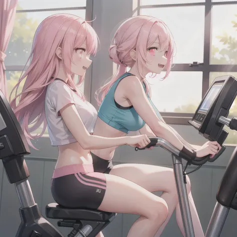 A fitness gym, a person training on a stationary bike, side view, bright morning sunlight through large windows. Fangs, long hair, (pink eyes:1.5), pink hair.