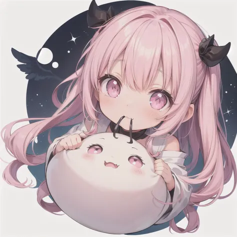 A Japanese anime-style chibi girl, 3-head-tall, super round body and head, deformed proportion, big sparkling eyes, small nose and mouth, cute and soft illustration, simplified color palette, masterpiece, her mouth is empty, nothing in her mouth, no object...