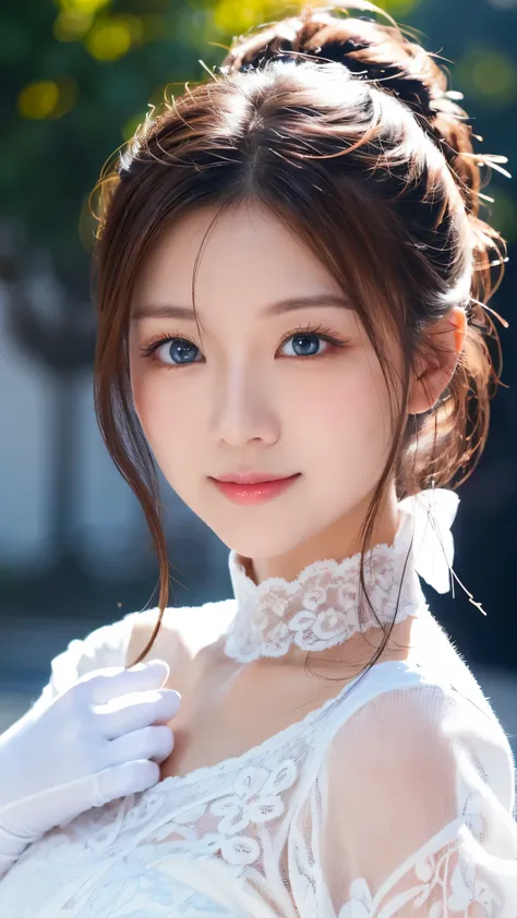 thin and thin physique , subtle laugh ,white single ponytail hair wearing white lace gloves,blue eyes, there is blue light in the eyes ,blue eyes have white pupils,Shining Eyes,Woman's hand, beginner,Normal finger, normal human fingers ,blue halo,Aura...