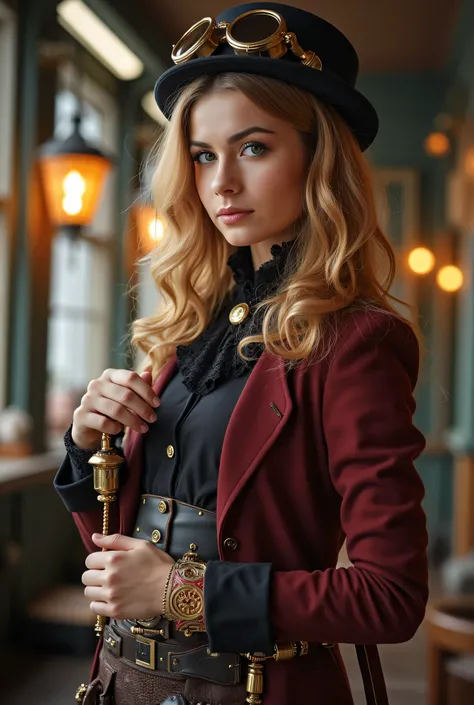 Here, a woman wearing a steampunk hat is holding a mug of beer..,   steampunk, using steampunk costumes,   steampunk inventor girl , ( steampunk), (  steampunk ), style steampunk,  steampunk ,  Steampunk Fiction,  steampunk aesthetic, a beautiful steampunk...