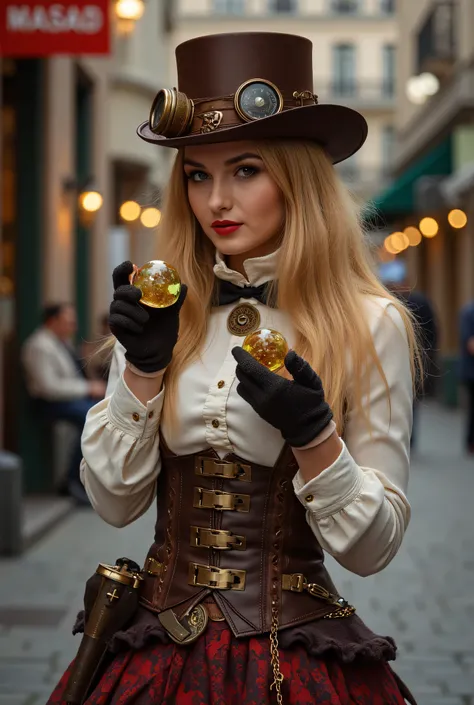 Here, a woman wearing a steampunk hat is holding a mug of beer..,   steampunk, using steampunk costumes,   steampunk inventor girl , ( steampunk), (  steampunk ), style steampunk,  steampunk ,  Steampunk Fiction,  steampunk aesthetic, a beautiful steampunk...