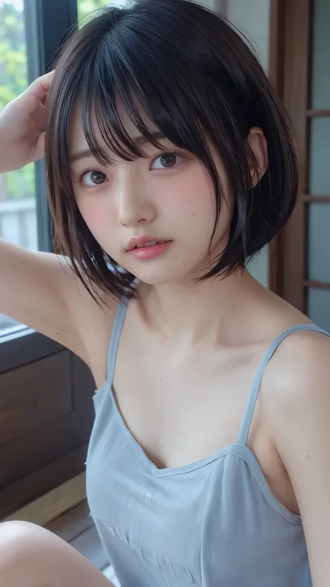 ( bob cut hair :1.2),( camisole:1.heer:1.4), 1 girl, Japanese ,21 years old,( small breasts:1.3),( top quality,masterpiece:1.3, super A high resolution,),( ultra detail , caustics ),( photorealistic:1.4,RAW shooting,) super realistic capture , very detaile...