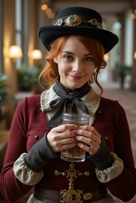 Here, a woman wearing a steampunk hat is holding a mug of beer..,   steampunk, using steampunk costumes,   steampunk inventor girl , ( steampunk), (  steampunk ), style steampunk,  steampunk ,  Steampunk Fiction,  steampunk aesthetic, a beautiful steampunk...