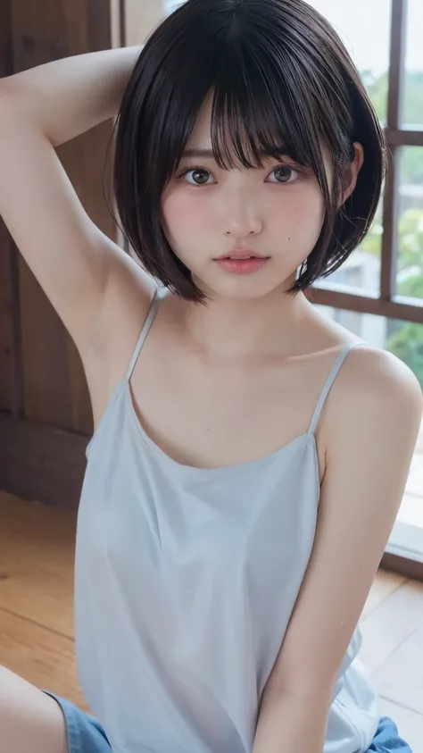 ( bob cut hair :1.2),( camisole:1.heer:1.4), 1 girl, Japanese ,21 years old,( small breasts:1.3),( top quality,masterpiece:1.3, super A high resolution,),( ultra detail , caustics ),( photorealistic:1.4,RAW shooting,) super realistic capture , very detaile...