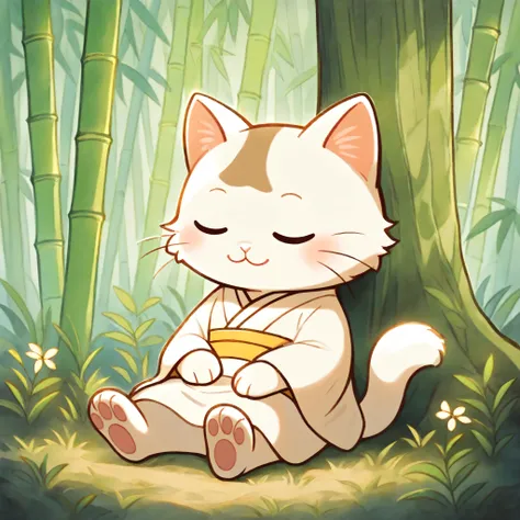 An anthropomorphic semi-human Ragdoll cat with a rounded face, soft white fur with light brown points, and symmetrical forward-facing ears is sitting calmly at the base of a large tree in a peaceful bamboo forest. The cat is wearing a traditional Japanese ...