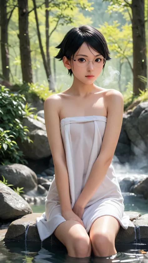 1girl, solo,sarada uchiha,black eyes,black hair,short hair,outdoors,potrait,hot spring,flat chest,,wearing glasses,wear white towel,forest, sitting on water,hot water, smoke, mist