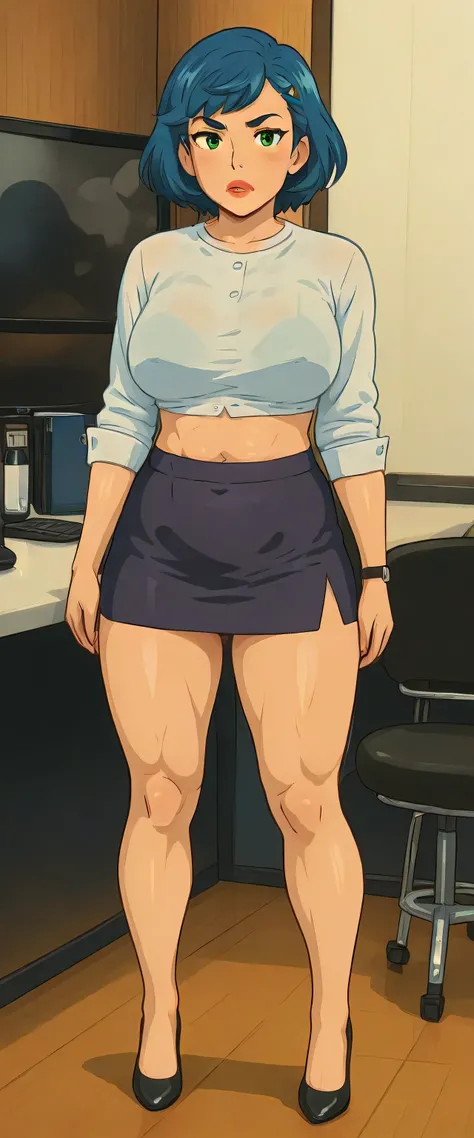 Ultra deluxe evolution A sexy office girl attractive big breasted beautiful blossoming blue hair short clear her green eye red lip wears white button shirt cut her navel and a purple mini skirt short big muscle sensual black heel
