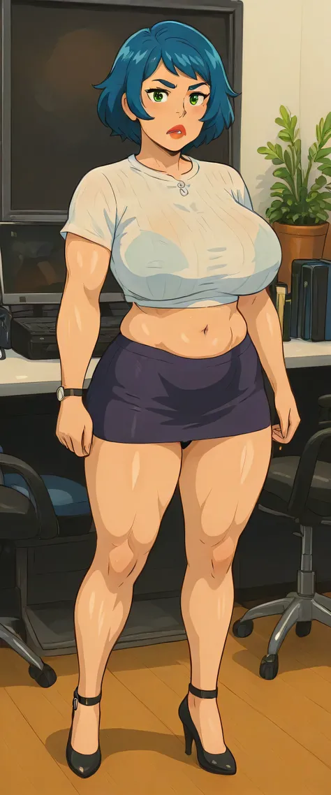 Ultra deluxe evolution A sexy office girl attractive big breasted beautiful blossoming blue hair short clear her green eye red lip wears white button shirt cut her navel and a purple mini skirt short big muscle sensual black heel