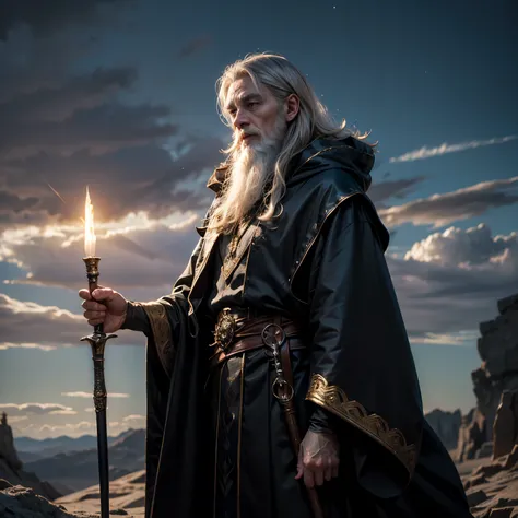 Under the evening sky、The、a majestic wizard reminiscent of Merlin and Dumbledore。
he、wears an elegant black and silver-gray robe、magical pattern that stands on a vast plateau is exquisitely applied。In the hand、has a tall, shiny wand with shining crystals o...