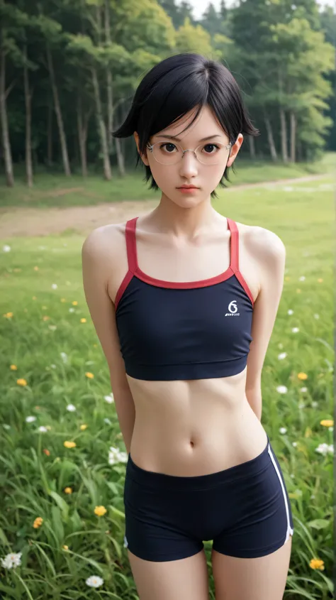 1girl, solo,sarada uchiha,black eyes,black hair,short hair,outdoors,potrait,forest,sports bra,grass field, navel,flat chest,,wearing glasses