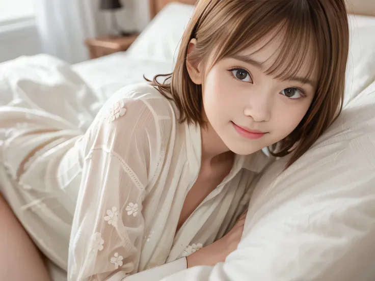 (( 1 European woman )), (tween model, , young)),( brown short short hair), Beautiful Like a Fairy, Seductive nervous smile , symbol body, exposed chest, naked, Soft light, lies in the bed, full body image, masterpiece, 最High Quality, photorealistic that c...