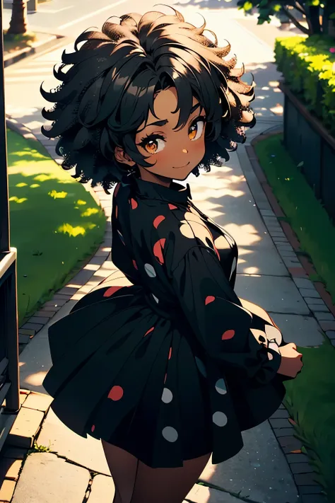 Dark-skinned anime girl, 14 anos, small and black hair, o afro encaracolado Seen from above  , discreet smile,com um pretty face , wearing a short black dress with white polka dots in a sunny park, looking back holding the spectator's hand ((viewer's point...