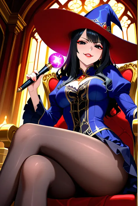Highest quality, animation images, high resolution, masterpiece, colorful to keep.
From below view.
Super beautiful woman, evil smile,
She is strong and intimidating, condescending gaze, staring at the viewer.
Glossy skin, makeup, red lips, black eyes, lon...