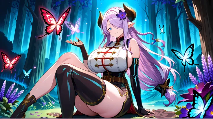 (anime style), (voluptuous body), (extremely voluptuous and shapely body), (sexy body), (huge breasts), (huge thighs), (huge butt), (suggestive curves), (perfect anatomy), (sitting on a mossy rock in a hidden forest), (around an enchanted garden illuminate...