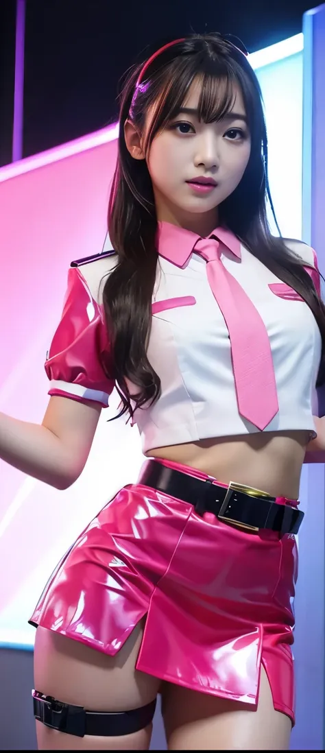 pure idol girl、A pure girl's face、 hypo、、cyber latex miniskirt uniform(fluorescent pink)、、fighter belt、Glowing lightning、