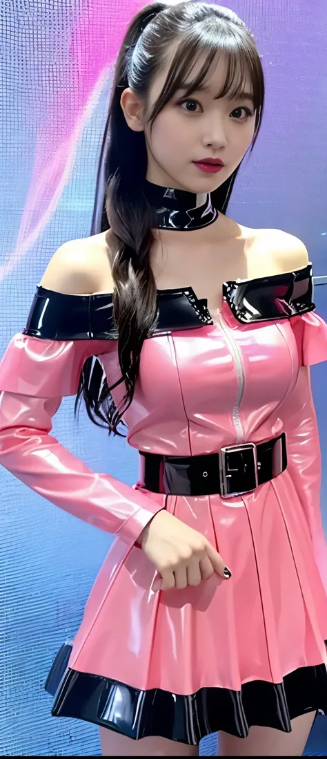 pure idol girl、A pure girl's face、 hypo、、off-the-shoulder cyber latex mini dress（fluorescent pink）、、fighter belt、Glowing lightning、