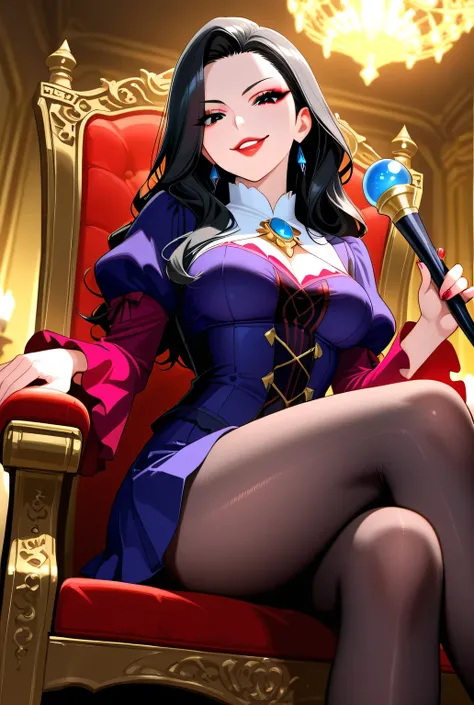 Highest quality, animation images, high resolution, masterpiece, colorful to keep.
From below view.
Super beautiful woman, evil smile,
She is strong and intimidating, condescending gaze, staring at the viewer.
Glossy skin, makeup, red lips, black eyes, lon...