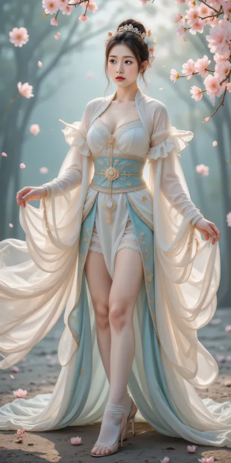 (（（（Standing snapping refracts :1.hinano   cosplay costume, photorealism (1:3) high detail cosplay, Thigh socks,  heels,  Viewing angle ,   part of the fox's tail , Multiple tails, Deep in the fantasy world，  Her eyebrows become a painting  ，  Foggy room  ...