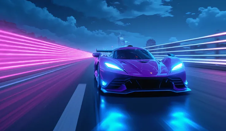 A hyper-futuristic racing car with an aerodynamic design 
and glowing blue neon LED lights, speeding down a digital highway. 
 reaching into a deep blue sky with scattered clouds. 
 The environment is lit by bright pink light trails 
 running across the sc...