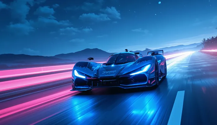 A hyper-futuristic racing car with an aerodynamic design 
and glowing blue neon LED lights, speeding down a digital highway. 
 reaching into a deep blue sky with scattered clouds. 
 The environment is lit by bright pink light trails 
 running across the sc...