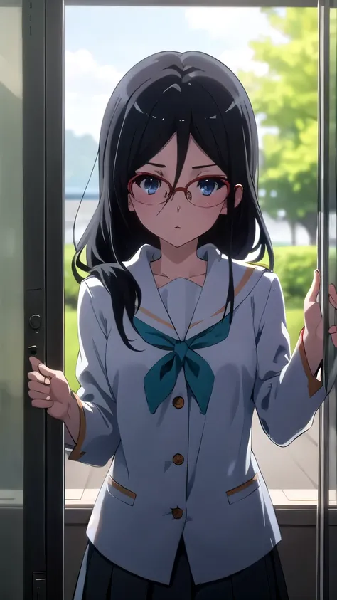 คุณภาพดีinสุด, masterpiece, tallres, 一人in, {Tanaka_Asuka_sound of euphonium:1.15} (Park:1.3), , black_hair, length_hair, glass, light blue_eye, , Red frame_glass, Seraph,  beyond limits_glass, Sound of unrimmed_glass, hair_between_eye, 1 girl on break day,...