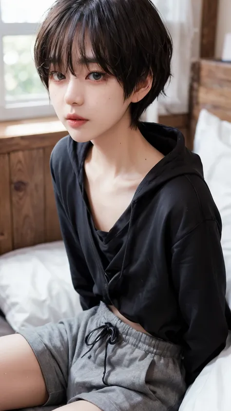 ( masterpiece, Best image quality), Oh my 8k, alone, Japanese people,  builder , (mesh top ,  string short pants, billow), (pixie cut , Sweaty bangs), detailed face, fine eyes, sophisticated nose, pale skin, (flat chested:1.8), lewdlook ,a beautiful androg...