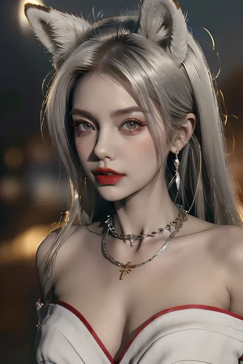 （Golden Eye）very big golden eyes((Strongly angled hanging eyes are golden))１a beautiful woman who is half a fox and half a woman((silver hair))Very, very thin cheeks and jaws、The most beautiful woman in the world has nine tails of a fox((luxury gold neckla...