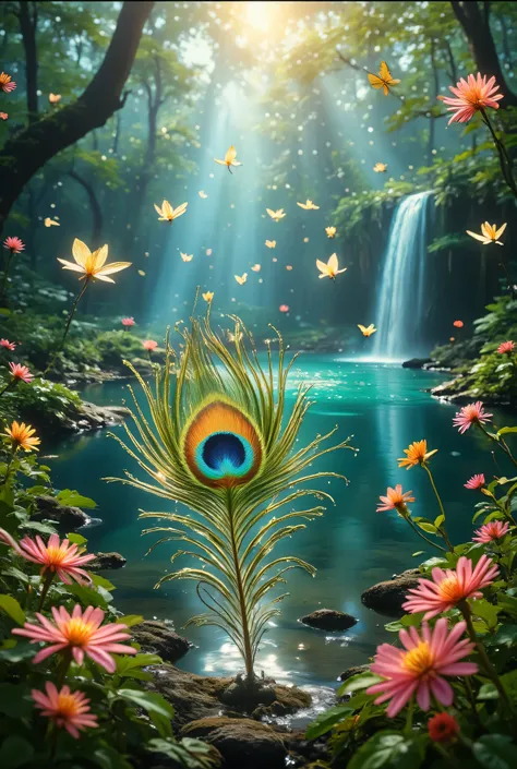 In a magical paradise, a vibrant peacock feather floats gracefully through the air, its iridescent blues, greens, and golds shimmering in the soft, dappled sunlight. The scene is set in an enchanting garden filled with exotic, blooming flowers of every col...