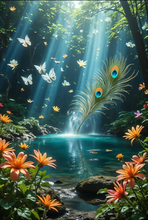 In a magical paradise, a vibrant peacock feather floats gracefully through the air, its iridescent blues, greens, and golds shimmering in the soft, dappled sunlight. The scene is set in an enchanting garden filled with exotic, blooming flowers of every col...