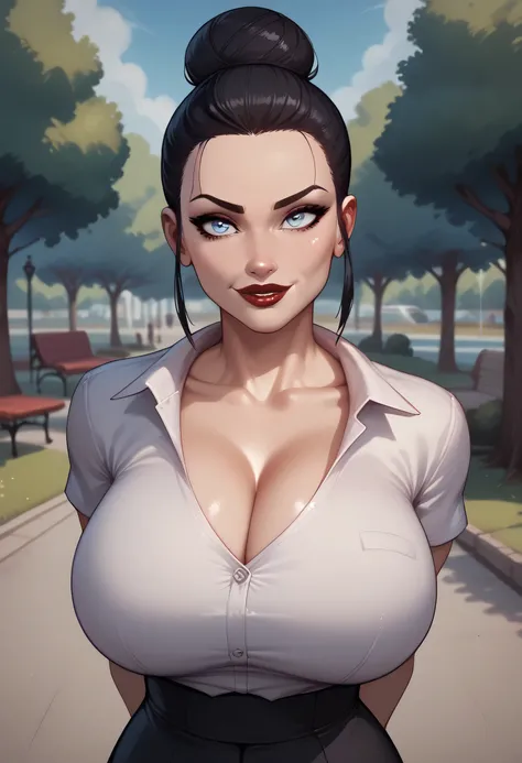 (Perfect Face, Perfect Body), Black Hair, (Top Knot Hair Bun), (Forehead), Black Thin Eyebrows, Light Blue Eyes, Nose, Lips, Dark Red Lips, Big Smile, Collarbone, (Huge Breasts, Perfect Breasts), (Airbrush Splatter I Love Shirt Design), Arms Behind Back, (...