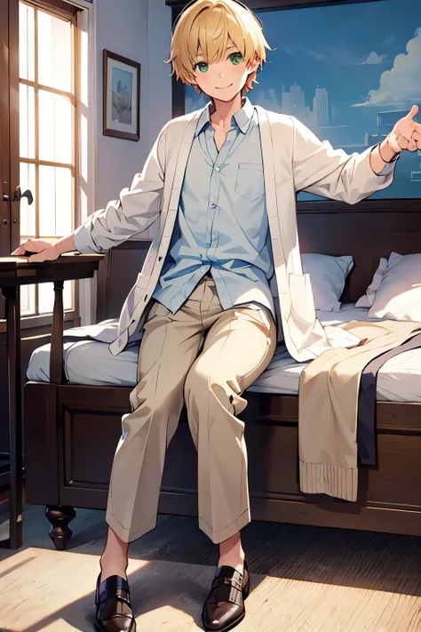 high quality anatomically accurate boy cute blonde hair green eyes short hair smile idol One person full body private clothes white shirt light blue cardigan beige pants