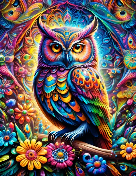 , Wow, colorful owl close-up with flower background ,  holding a flower in one hand  , psychedelic art,  detailed art in 8K high resolution , 4K Highly Detailed Art , Shining Owl, Alien Owl , BeepleとJeremiah Kettner , wonderful, Shining Owl,  Geometric Owl...