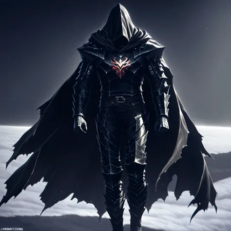 a mage in armor in the style of berserker armor, covered face black hood, black cloak, stands in a completely white space, duration high quality, epic fantasy style, professional lighting, complex textures, rich colors, perfect detail, photorealistic, 8k, ...