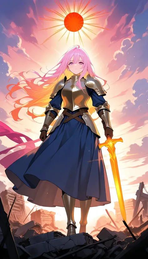 A fierce and hopeful anime-style female warrior standing on a glowing battlefield at dawn, dramatic clouds parting above, fiery and light elements swirling around her. She wears a fusion of modern and medieval armor with flowing fabric, her hair blowing in...
