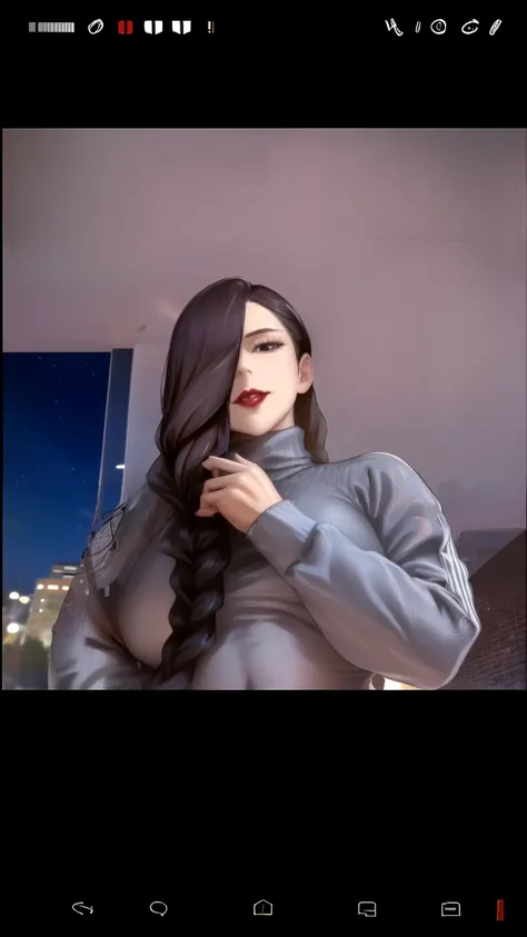 MeiMei BD1 , a full body girl, Alone , long hair,  braid, hair over one eye, dress, smile, black dress, watching the spectator,  breasts, long sleeves,  braided bangs, large  breasts, blue hair,  braided ponytail, turtleneck dress, gunman, Makeup, RED LIPS...