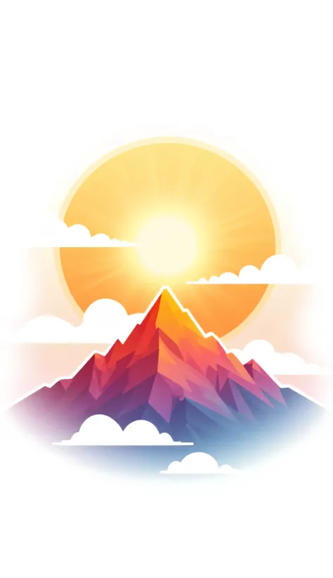 Minimalist art style, stylized minimalist vector art of a white , yellow of mountain, white sun featuring a stylish sunset vibrant colors,white , sky , flat glossy perspective, stylized white mountains and magenta and yellow mounatins,yellow ,mountains of ...