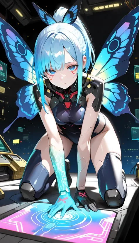 ((best quality)), ((masterpiece)), (detailed), perfect face, textured skin, ((super detail)), high quality, high details, hologram, Holographic colors, cyberpunk, cyberspace dweller, swallowtail butterfly wings, Blue hair, long ponytail, Blue eyes, Kneel, ...