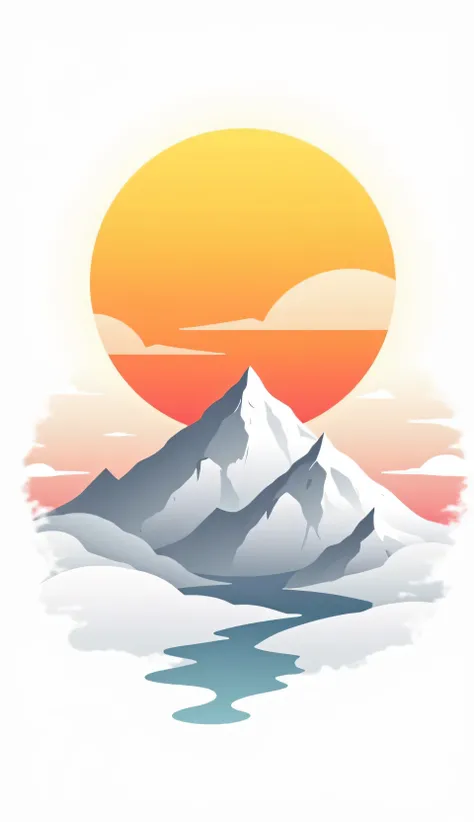 Minimalist art style, stylized minimalist vector art of a white , yellow of mountain, white sun featuring a stylish sunset vibrant colors,white , sky , flat glossy perspective, stylized white mountains and magenta and yellow mounatins,yellow ,mountains of ...
