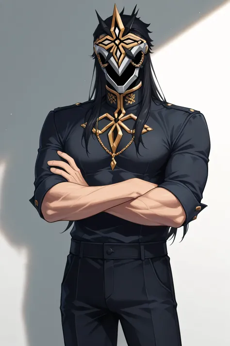 score_9, score_7_up, source_anime  
ilcapitano, 1boy, male focus, solo, black hair, long hair, mask, faceless, faceless male,  
modern room, indoor, minimalistic interior, soft lighting,  
white button-up shirt, rolled-up sleeves, muscles visible under clo...