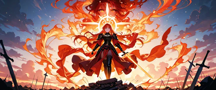 A fierce and hopeful anime-style female warrior standing on a glowing battlefield at dawn, dramatic clouds parting above, fiery and light elements swirling around her. She wears a fusion of modern and medieval armor with flowing fabric, her hair blowing in...