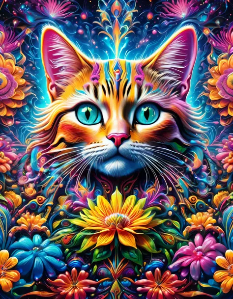 , Wow, colorful cat close-up with floral background ,  holding a flower in one hand  , psychedelic art,  detailed art in 8K high resolution , 4K Highly Detailed Art , shining cat, alien cat , BeepleとJeremiah Kettner , wonderful, shining cat, geometric cat ...