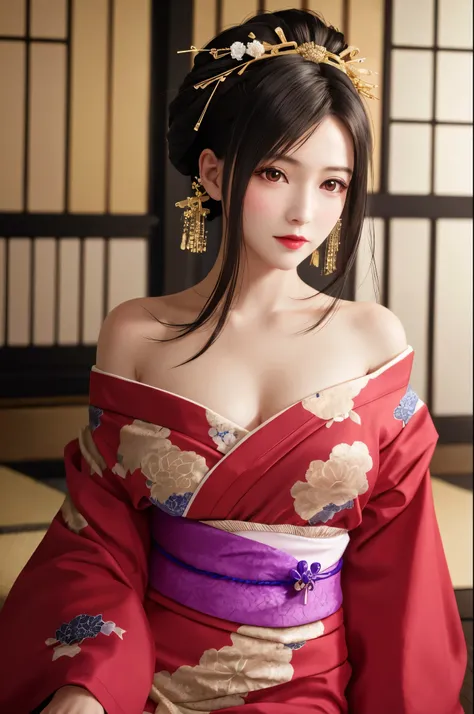 {{top quality, masterpiece}}, (Realistic: 1.3), wallpapers, BREAK {{{FF7, Tifa_lockhart, solo}}}, ((((very luxurious and gaudy kimono, Kanzashi)))), kosode, ((off-shoulder)), {arms behind}, flamboyant, brilliant, luxurious and gorgeous, {{lying:1.5, on bac...