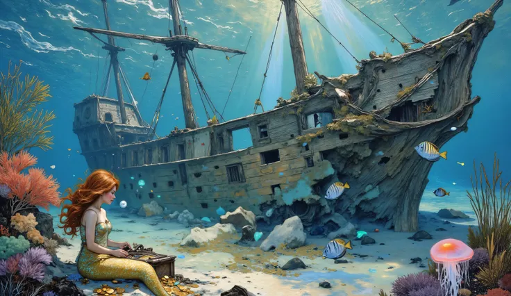 Photorealistic sunken 17th century pirate ship wreckage on ocean floor, shattered hull covered in luminous coral reefs in crimson and teal, treasure chest spilling gold coins and jewels partially visible in sand, magnificent mermaid with opalescent golden ...