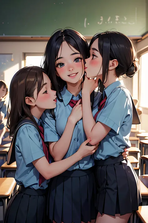 Highest Quality、high resolution、(high image quality:1.3)、masterpiece、(detailed face:1.3)、(detailed eyes:1.3)、age beauty、being raped by an anatomically correct、perfect body line、jk uniform、schools、playfully smiling、Happy Atmosphere、(three girls hug each oth...